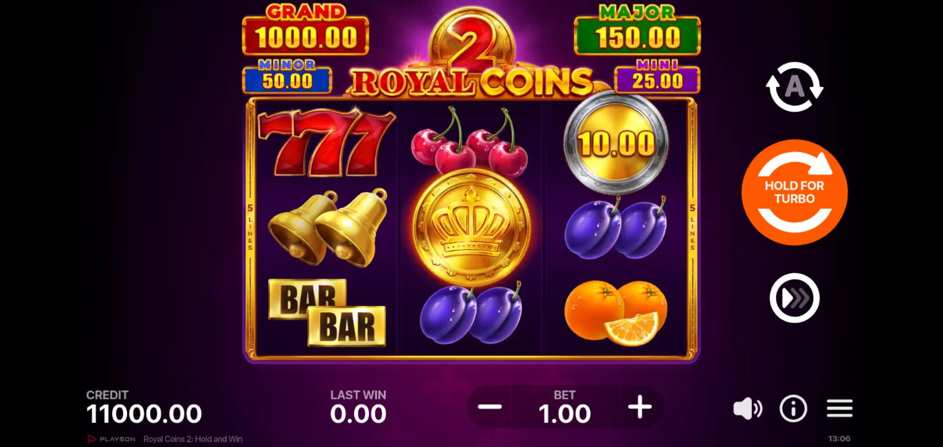 BASE GAME Royal Coins 2 Hold and Win 3x3 grid with 777, Cherry, Bell, BAR BAR, Plum and Orange, a silver Bonus coin and the gold Royal Bonus coin, jackpot panel above