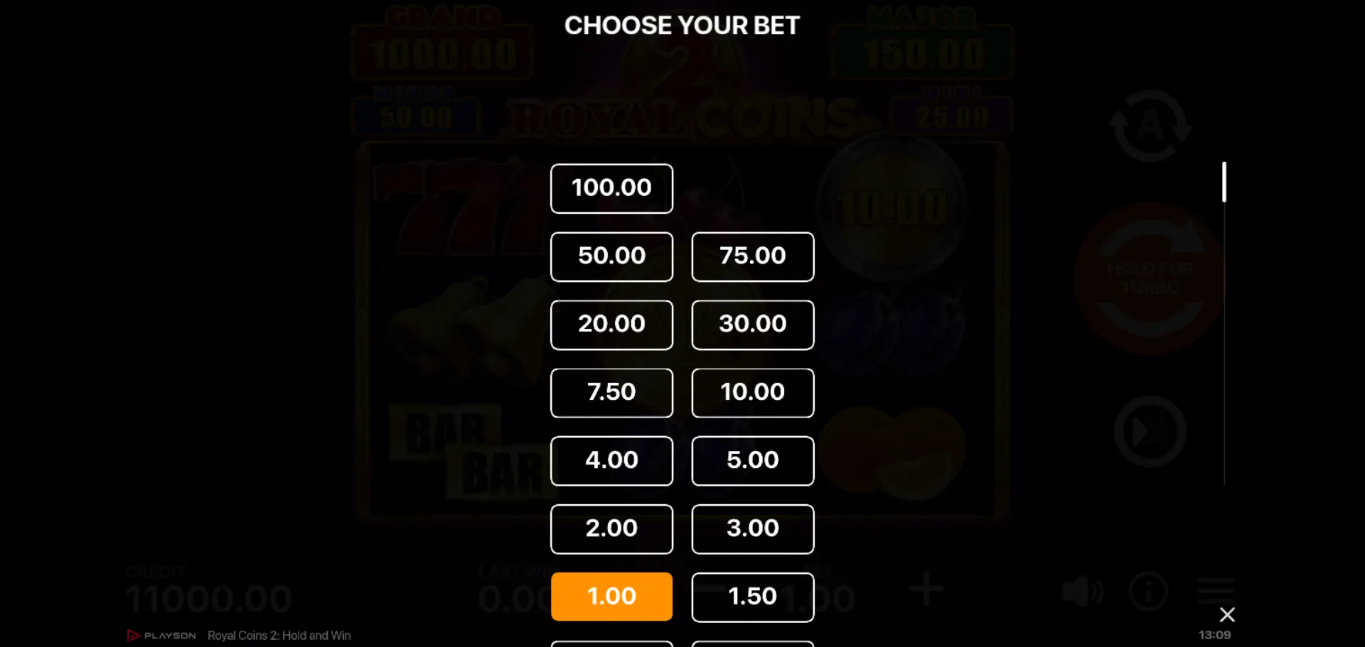 CHOOSE YOUR BET Royal Coins 2 in-game stake selector showing values up to 100.00