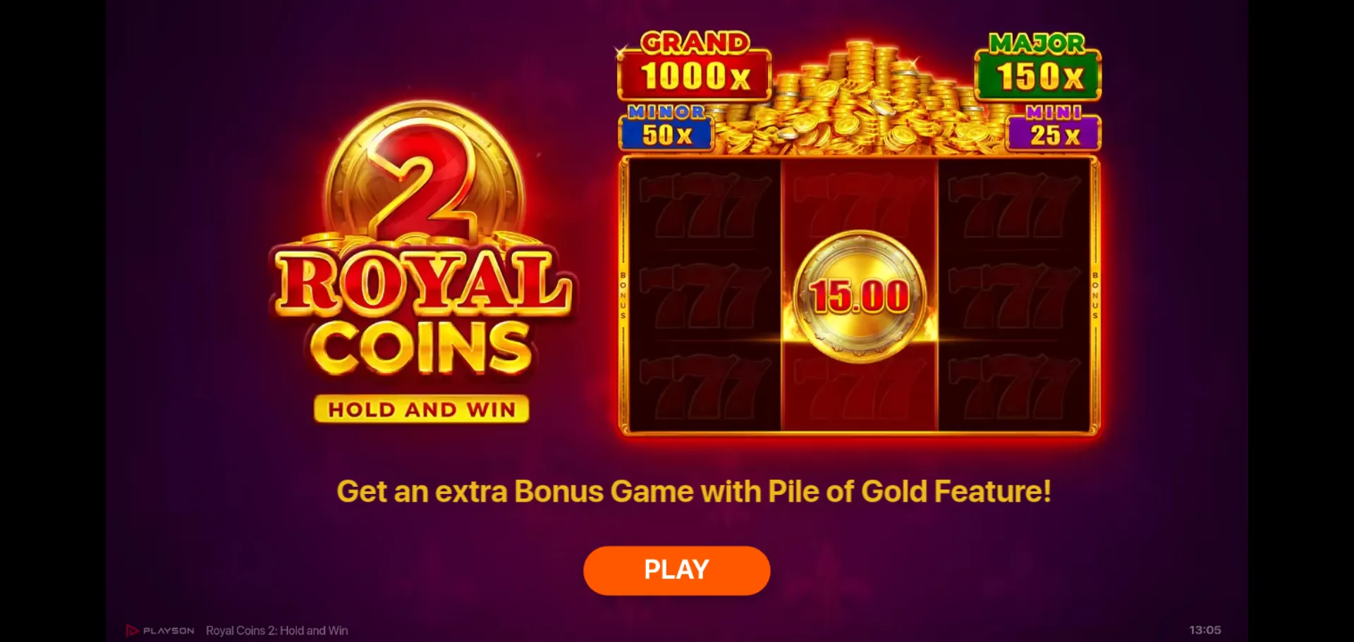TITLE SCREEN Royal Coins 2 Hold and Win logo beside the 3x3 grid with all four jackpot tiers displayed above the reels